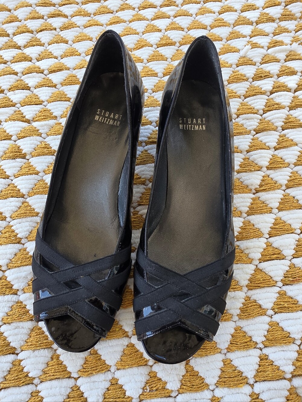 Stuart Weitzman Black Patent Peep-Toe Heels with Cross Straps Sz9